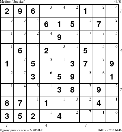 The grouppuzzles.com Medium Sudoku puzzle for Saturday May 30, 2026, suitable for printing, with all 7 steps marked