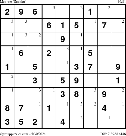 The grouppuzzles.com Medium Sudoku puzzle for Saturday May 30, 2026 with the first 3 steps marked