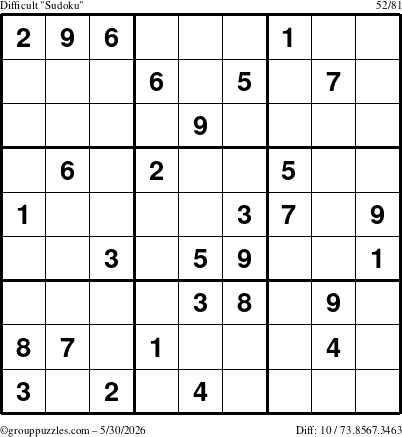 The grouppuzzles.com Difficult Sudoku puzzle for Saturday May 30, 2026