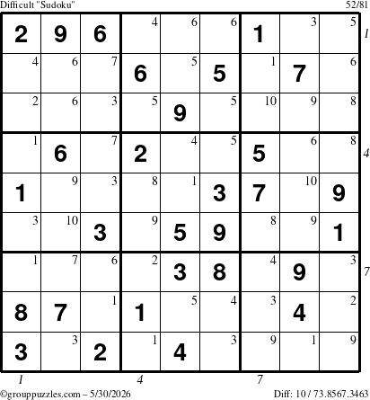 The grouppuzzles.com Difficult Sudoku puzzle for Saturday May 30, 2026 with all 10 steps marked