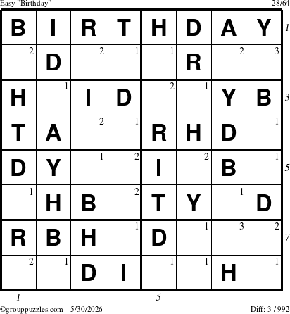The grouppuzzles.com Easy Birthday puzzle for Saturday May 30, 2026, suitable for printing, with all 3 steps marked