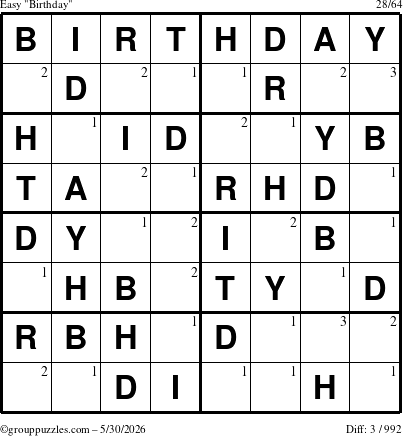The grouppuzzles.com Easy Birthday puzzle for Saturday May 30, 2026 with the first 3 steps marked