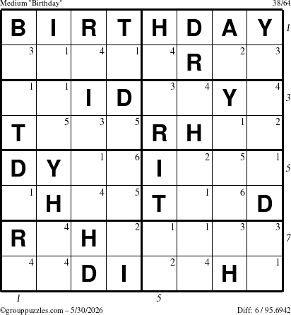 The grouppuzzles.com Medium Birthday puzzle for Saturday May 30, 2026, suitable for printing, with all 6 steps marked