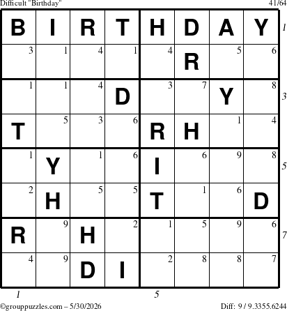The grouppuzzles.com Difficult Birthday puzzle for Saturday May 30, 2026 with all 9 steps marked
