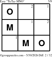 The grouppuzzles.com Easy TicTac-MNO puzzle for Saturday May 30, 2026 with the first 2 steps marked