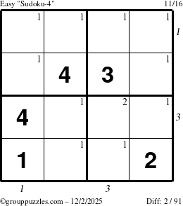 The grouppuzzles.com Easy Sudoku-4 puzzle for Tuesday December 2, 2025, suitable for printing, with all 2 steps marked
