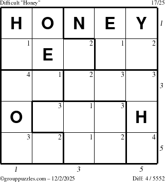 The grouppuzzles.com Difficult Honey puzzle for Tuesday December 2, 2025, suitable for printing, with all 4 steps marked