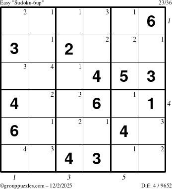 The grouppuzzles.com Easy Sudoku-6up puzzle for Tuesday December 2, 2025, suitable for printing, with all 4 steps marked