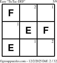 The grouppuzzles.com Easy TicTac-DEF puzzle for Tuesday December 2, 2025 with the first 2 steps marked