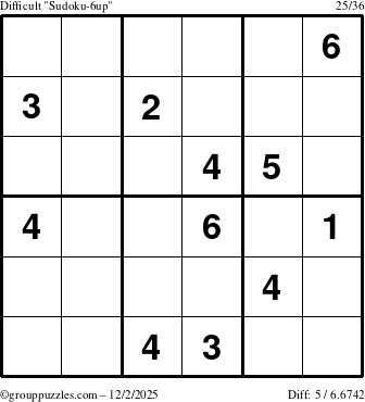 The grouppuzzles.com Difficult Sudoku-6up puzzle for Tuesday December 2, 2025