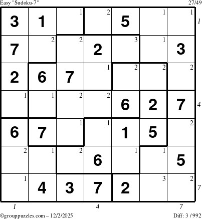 The grouppuzzles.com Easy Sudoku-7 puzzle for Tuesday December 2, 2025 with all 3 steps marked