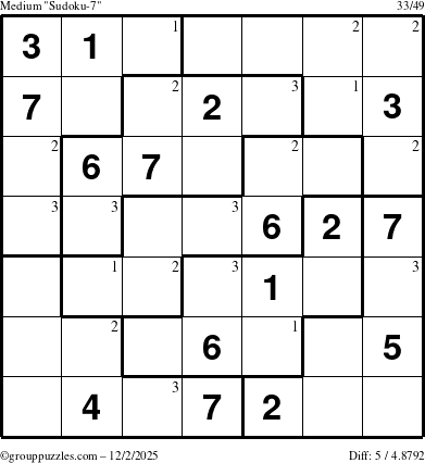 The grouppuzzles.com Medium Sudoku-7 puzzle for Tuesday December 2, 2025 with the first 3 steps marked
