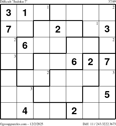 The grouppuzzles.com Difficult Sudoku-7 puzzle for Tuesday December 2, 2025 with the first 3 steps marked