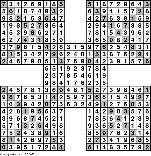 The grouppuzzles.com Answer grid for the Sudoku-Xtreme puzzle for Tuesday December 2, 2025