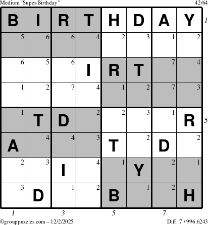 The grouppuzzles.com Medium Super-Birthday puzzle for Tuesday December 2, 2025, suitable for printing, with all 7 steps marked