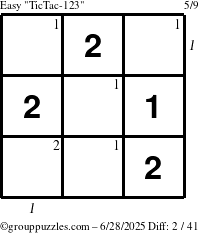 The grouppuzzles.com Easy TicTac-123 puzzle for Saturday June 28, 2025 with all 2 steps marked