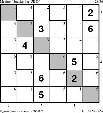 The grouppuzzles.com Medium Sudoku-6up-UR-D puzzle for Saturday June 28, 2025, suitable for printing, with all 6 steps marked