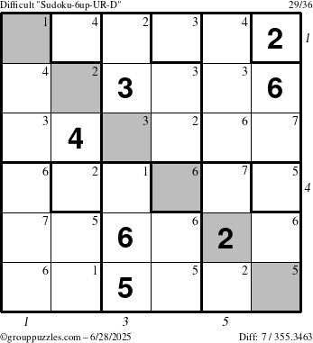 The grouppuzzles.com Difficult Sudoku-6up-UR-D puzzle for Saturday June 28, 2025 with all 7 steps marked