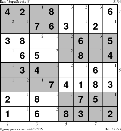The grouppuzzles.com Easy SuperSudoku-8 puzzle for Saturday June 28, 2025, suitable for printing, with all 3 steps marked