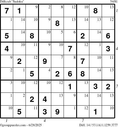 The grouppuzzles.com Difficult Sudoku puzzle for Saturday June 28, 2025 with all 14 steps marked