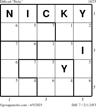 The grouppuzzles.com Difficult Nicky puzzle for Thursday June 5, 2025, suitable for printing, with all 7 steps marked