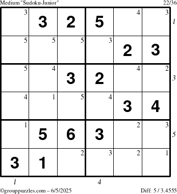 The grouppuzzles.com Medium Sudoku-Junior puzzle for Thursday June 5, 2025 with all 5 steps marked