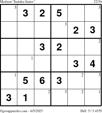 The grouppuzzles.com Medium Sudoku-Junior puzzle for Thursday June 5, 2025 with the first 3 steps marked