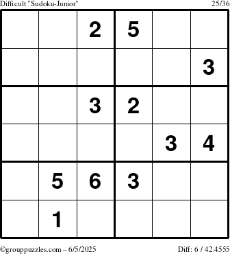 The grouppuzzles.com Difficult Sudoku-Junior puzzle for Thursday June 5, 2025