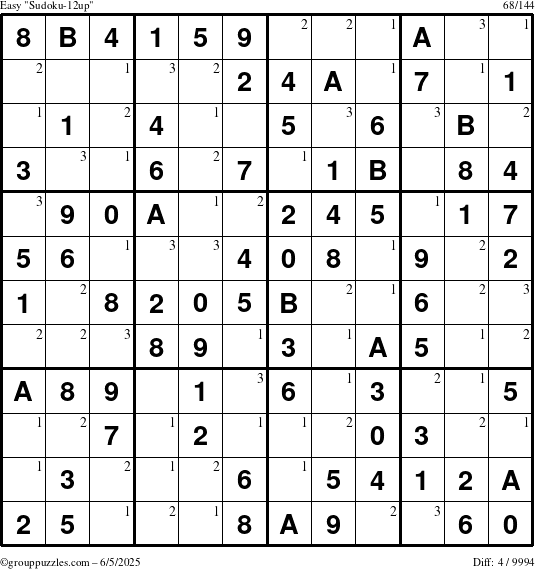 The grouppuzzles.com Easy Sudoku-12up puzzle for Thursday June 5, 2025 with the first 3 steps marked