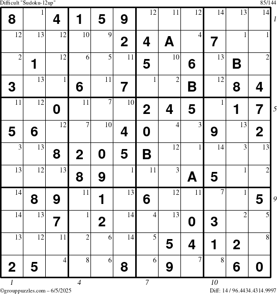 The grouppuzzles.com Difficult Sudoku-12up puzzle for Thursday June 5, 2025, suitable for printing, with all 14 steps marked