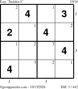 The grouppuzzles.com Easy Sudoku-4 puzzle for Thursday October 15, 2026, suitable for printing, with all 3 steps marked