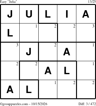 The grouppuzzles.com Easy Julia puzzle for Thursday October 15, 2026 with the first 3 steps marked