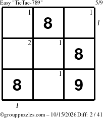 The grouppuzzles.com Easy TicTac-789 puzzle for Thursday October 15, 2026, suitable for printing, with all 2 steps marked
