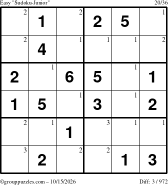 The grouppuzzles.com Easy Sudoku-Junior puzzle for Thursday October 15, 2026 with the first 3 steps marked