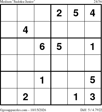 The grouppuzzles.com Medium Sudoku-Junior puzzle for Thursday October 15, 2026