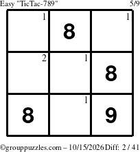 The grouppuzzles.com Easy TicTac-789 puzzle for Thursday October 15, 2026 with the first 2 steps marked