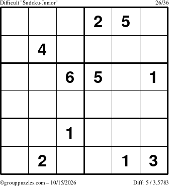 The grouppuzzles.com Difficult Sudoku-Junior puzzle for Thursday October 15, 2026