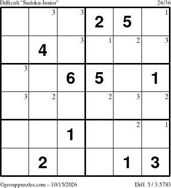 The grouppuzzles.com Difficult Sudoku-Junior puzzle for Thursday October 15, 2026 with the first 3 steps marked