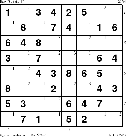 The grouppuzzles.com Easy Sudoku-8 puzzle for Thursday October 15, 2026, suitable for printing, with all 3 steps marked
