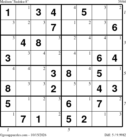 The grouppuzzles.com Medium Sudoku-8 puzzle for Thursday October 15, 2026, suitable for printing, with all 5 steps marked