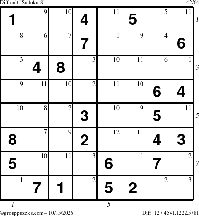 The grouppuzzles.com Difficult Sudoku-8 puzzle for Thursday October 15, 2026, suitable for printing, with all 12 steps marked