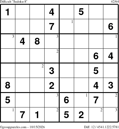 The grouppuzzles.com Difficult Sudoku-8 puzzle for Thursday October 15, 2026 with the first 3 steps marked