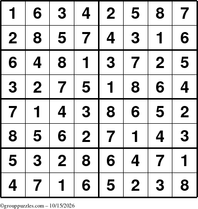 The grouppuzzles.com Answer grid for the Sudoku-8 puzzle for Thursday October 15, 2026