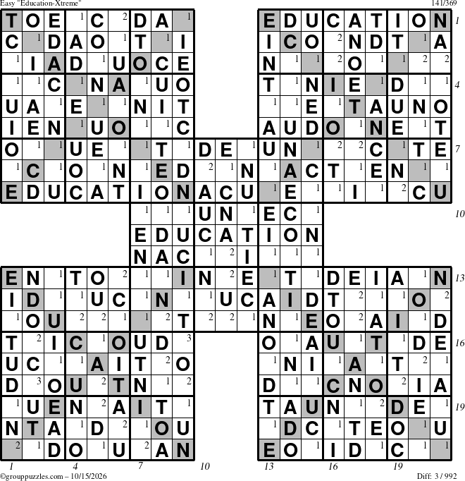 The grouppuzzles.com Easy Education-Xtreme puzzle for Thursday October 15, 2026, suitable for printing, with all 3 steps marked