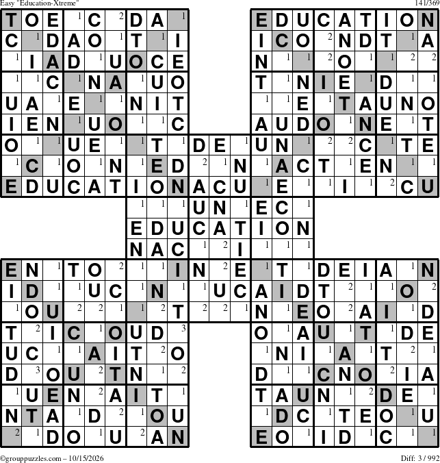 The grouppuzzles.com Easy Education-Xtreme puzzle for Thursday October 15, 2026 with the first 3 steps marked
