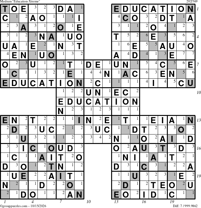The grouppuzzles.com Medium Education-Xtreme puzzle for Thursday October 15, 2026, suitable for printing, with all 7 steps marked