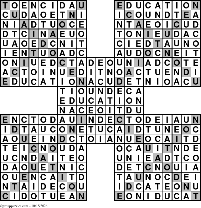 The grouppuzzles.com Answer grid for the Education-Xtreme puzzle for Thursday October 15, 2026