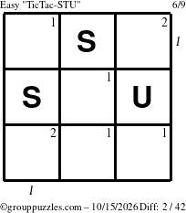 The grouppuzzles.com Easy TicTac-STU puzzle for Thursday October 15, 2026, suitable for printing, with all 2 steps marked