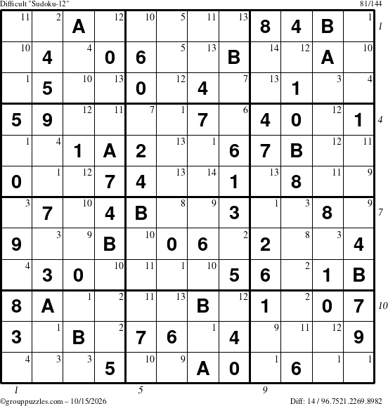 The grouppuzzles.com Difficult Sudoku-12 puzzle for Thursday October 15, 2026 with all 14 steps marked
