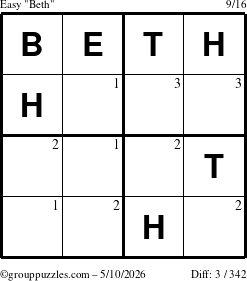 The grouppuzzles.com Easy Beth puzzle for Sunday May 10, 2026 with the first 3 steps marked